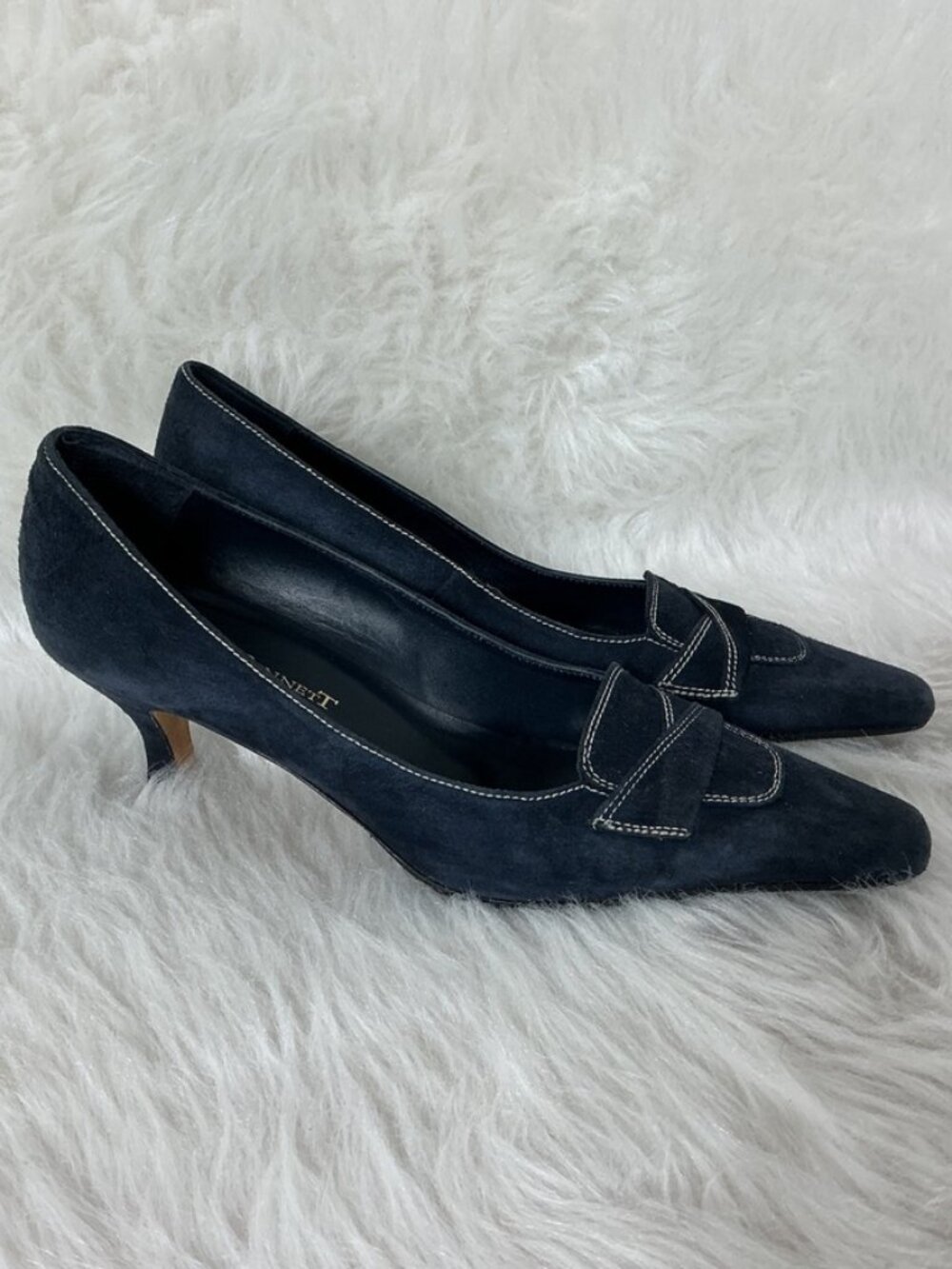 L.K. Bennett Vintage 90s 00s Blue Suede Snipped Toe Kitten Heel Pumps EU 38 US 8